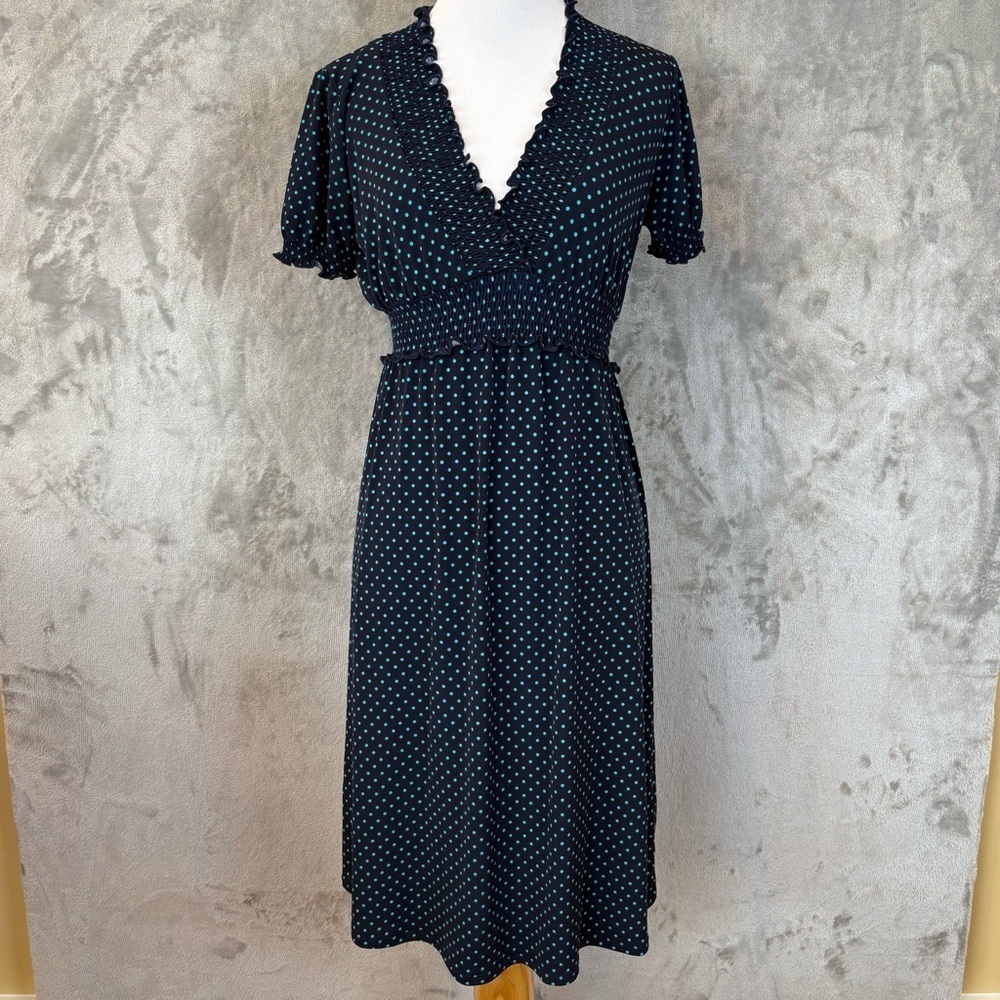 Enfocus Studio Navy Polka Dot Midi Ruffle Feminine Dress Wmn’s 8